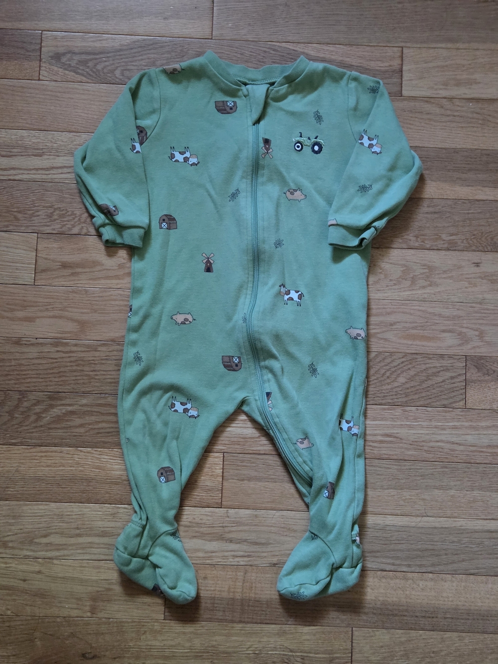 5/$20 Pekkle 9M Green Farm Animal Tractor Footed Zip Up Onsie Sleeper Pajamas